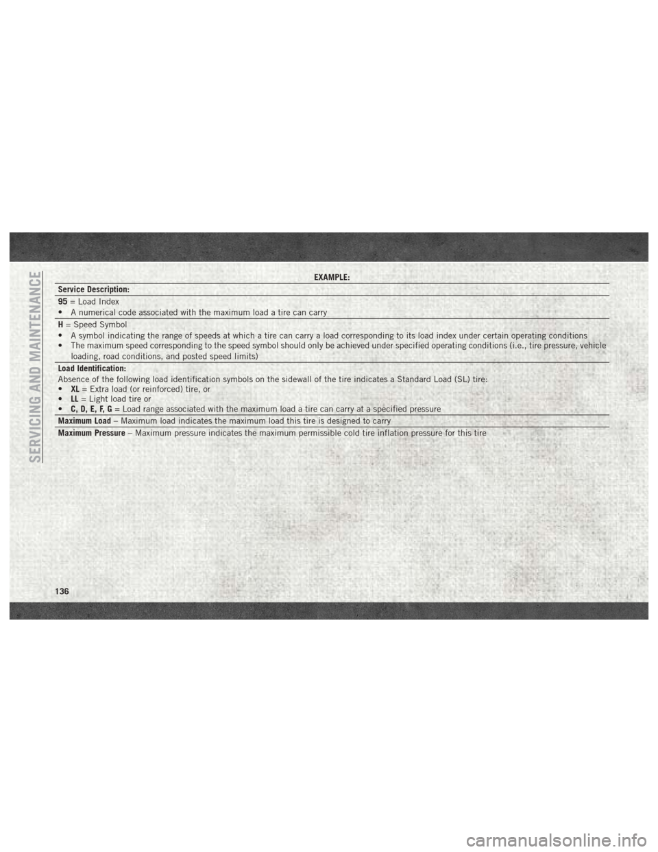 Ram ProMaster 2018  User Guide EXAMPLE:
Service Description:
95 = Load Index
• A numerical code associated with the maximum load a tire can carry
H = Speed Symbol
• A symbol indicating the range of speeds at which a tire can ca