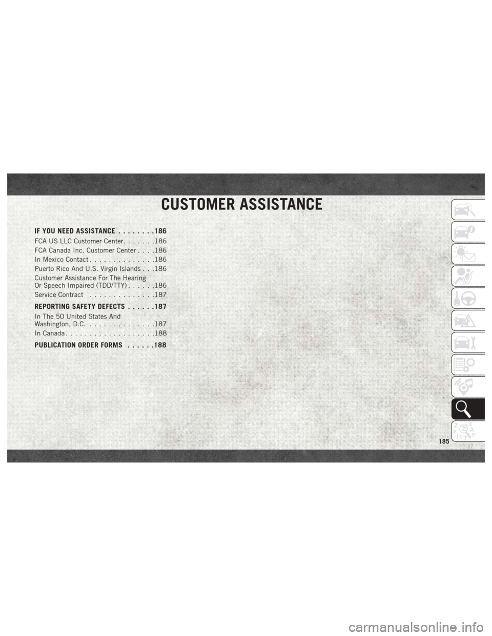 Ram ProMaster 2018 Service Manual CUSTOMER ASSISTANCE
IF YOU NEED ASSISTANCE........186
FCA US LLC Customer Center .......186
FCA Canada Inc. Customer Center . . . .186
In Mexico Contact ..............186
Puerto Rico And U.S. Virgin I Ram ProMaster 2018 Service Manual CUSTOMER ASSISTANCE
IF YOU NEED ASSISTANCE........186
FCA US LLC Customer Center .......186
FCA Canada Inc. Customer Center . . . .186
In Mexico Contact ..............186
Puerto Rico And U.S. Virgin I