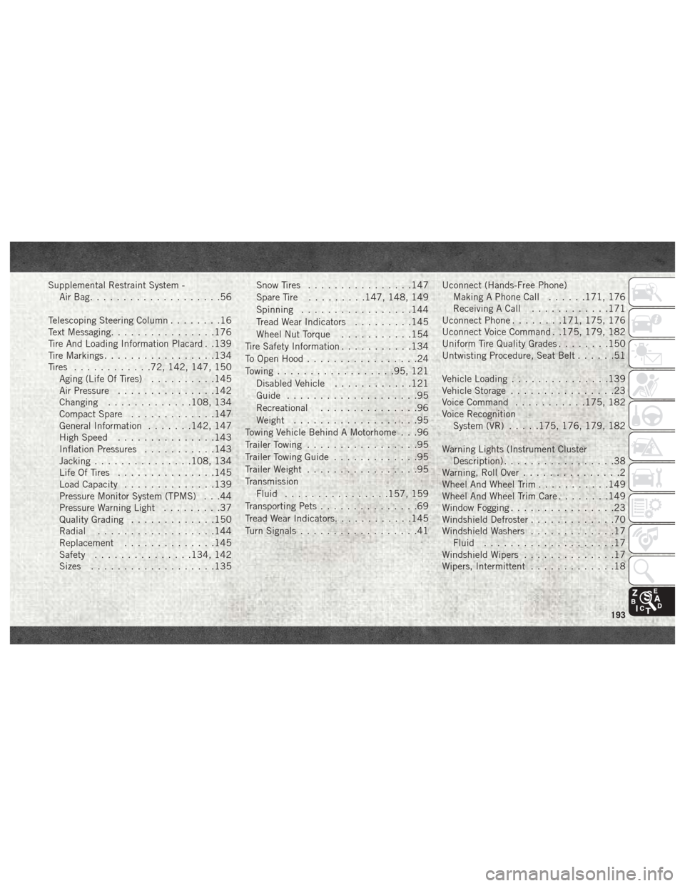 Ram ProMaster 2018  User Guide Supplemental Restraint System -AirBag....................56
Telescoping Steering Column ........16
Text Messaging ................176
Tire And Loading Information Placard . .139
Tire Markings ........