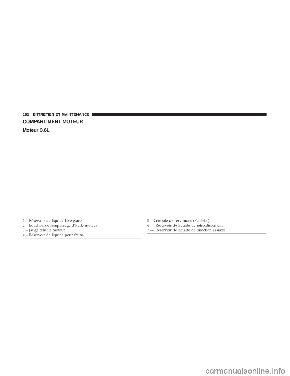 Ram ProMaster 2018 Manuel du propriétaire (in French) COMPARTIMENT MOTEUR
Moteur 3.6L
1 – Réservoir de liquide lave-glace
2 – Bouchon de remplissage d’huile moteur
3 – Jauge d’huile moteur
4 – Réservoir de liquide pour freins5 – Centrale Ram ProMaster 2018 Manuel du propriétaire (in French) COMPARTIMENT MOTEUR
Moteur 3.6L
1 – Réservoir de liquide lave-glace
2 – Bouchon de remplissage d’huile moteur
3 – Jauge d’huile moteur
4 – Réservoir de liquide pour freins5 – Centrale