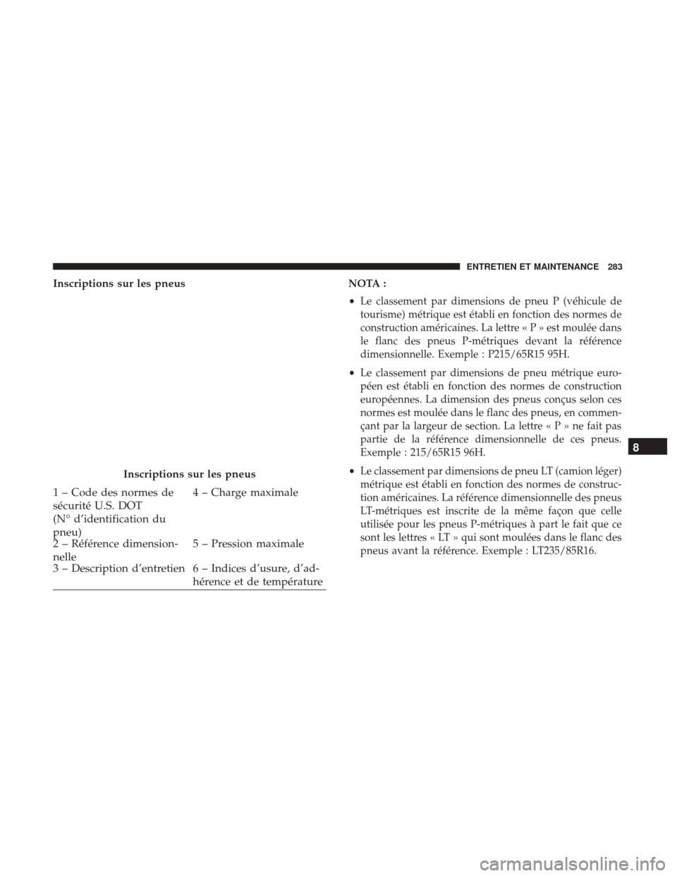 Ram ProMaster 2018  Manuel du propriétaire (in French)  Inscriptions sur les pneusNOTA :
•Le classement par dimensions de pneu P (véhicule de
tourisme) métrique est établi en fonction des normes de
construction américaines. La lettre « P » est moul