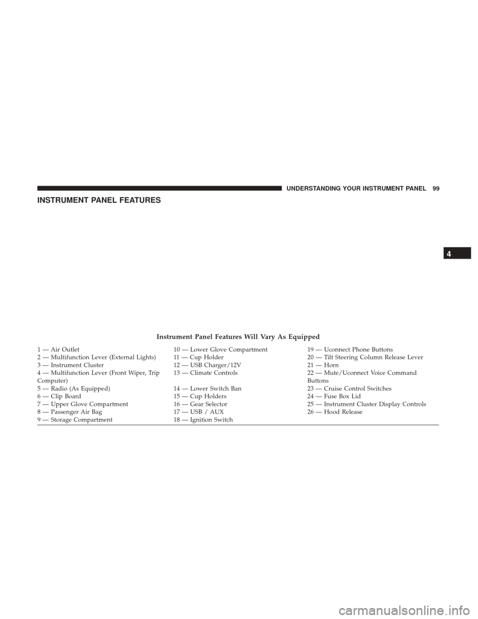 Ram ProMaster 2017  Owners Manual INSTRUMENT PANEL FEATURES
Instrument Panel Features Will Vary As Equipped
1 — Air Outlet10 — Lower Glove Compartment19 — Uconnect Phone Buttons
2 — Multifunction Lever (External Lights) 11 —