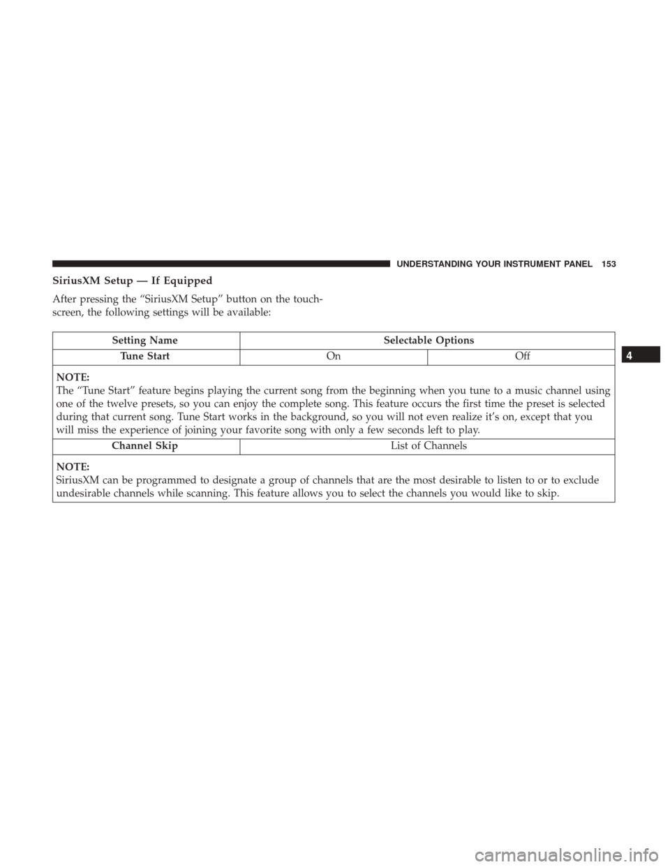 Ram ProMaster 2017 Owners Manual SiriusXM Setup — If Equipped
After pressing the “SiriusXM Setup” button on the touch-
screen, the following settings will be available:
Setting NameSelectable Options
Tune Start OnOff
NOTE:
The Ram ProMaster 2017 Owners Manual SiriusXM Setup — If Equipped
After pressing the “SiriusXM Setup” button on the touch-
screen, the following settings will be available:
Setting NameSelectable Options
Tune Start OnOff
NOTE:
The