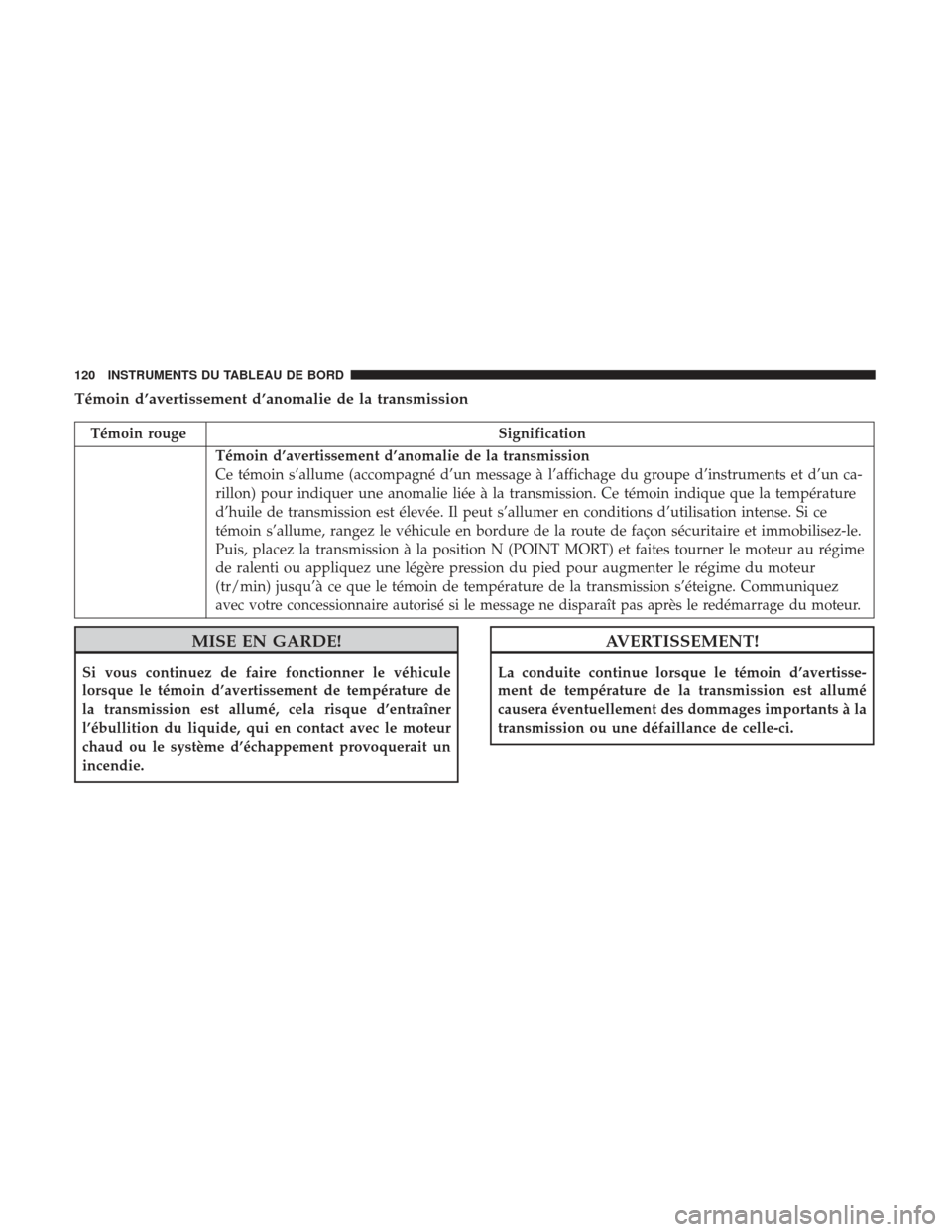 Ram ProMaster 2017  Manuel du propriétaire (in French)  Témoin d’avertissement d’anomalie de la transmission
Témoin rougeSignification
Témoin d’avertissement d’anomalie de la transmission
Ce témoin s’allume (accompagné d’un message à l’