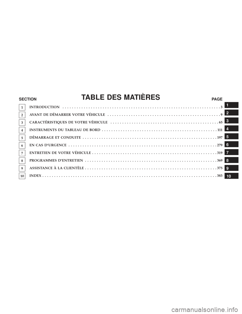 Ram ProMaster 2017  Manuel du propriétaire (in French)  TABLE DES MATIÈRESSECTIONPAGE
1INTRODUCTION
...................................................................3
2AVANT DE DÉMARRER VOTRE VÉHICULE
................................................9
