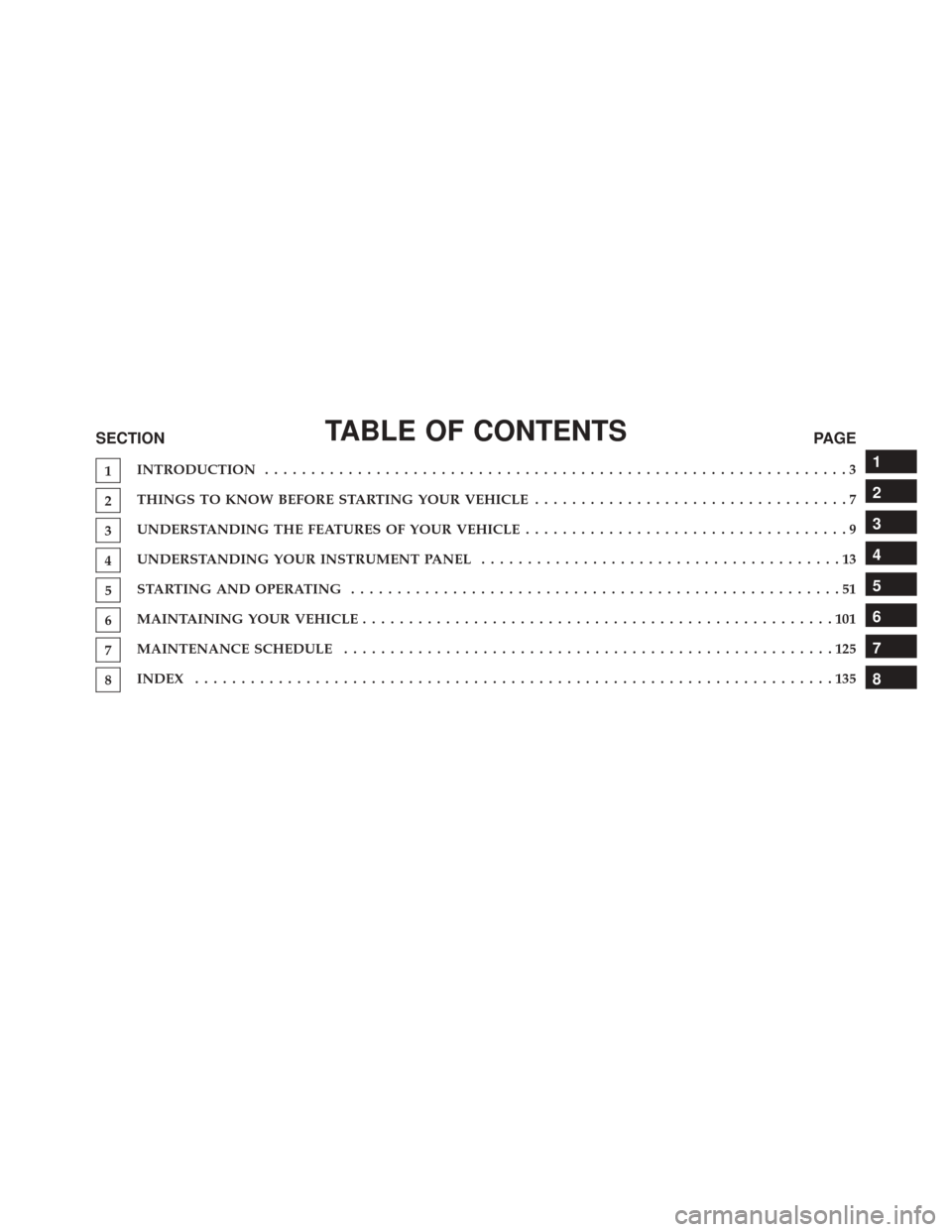 Ram ProMaster 2016  Diesel Supplement TABLE OF CONTENTSSECTIONPAGE
1INTRODUCTION .
..............................................................3
2THINGS TO KNOW BEFORE STARTING YOUR VEHICLE
..................................7
3UNDERSTAN