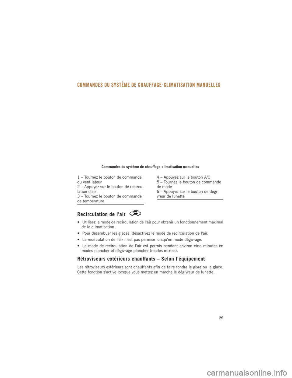 Ram ProMaster 2016 Guide dutilisateur (in French) COMMANDES DU SYSTÈME DE CHAUFFAGE-CLIMATISATION MANUELLES
Commandes du système de chauffage-climatisation manuelles
1 – Tournez le bouton de commande
du ventilateur
2 – Appuyez sur le bouton de Ram ProMaster 2016 Guide dutilisateur (in French) COMMANDES DU SYSTÈME DE CHAUFFAGE-CLIMATISATION MANUELLES
Commandes du système de chauffage-climatisation manuelles
1 – Tournez le bouton de commande
du ventilateur
2 – Appuyez sur le bouton de