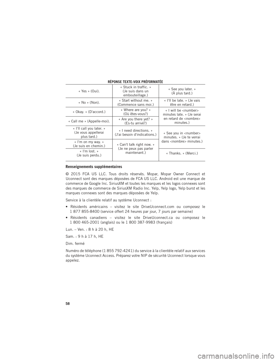 Ram ProMaster 2016 Guide dutilisateur (in French) RÉPONSE TEXTE-VOIX PRÉFORMATÉE
«Yes»(Oui). « Stuck in traffic. »
(Je suis dans unembouteillage.) « See you later. »
(À plus tard.)
«No»(Non). « Start without me. »
(Commence sans moi.)  Ram ProMaster 2016 Guide dutilisateur (in French) RÉPONSE TEXTE-VOIX PRÉFORMATÉE
«Yes»(Oui). « Stuck in traffic. »
(Je suis dans unembouteillage.) « See you later. »
(À plus tard.)
«No»(Non). « Start without me. »
(Commence sans moi.) Â