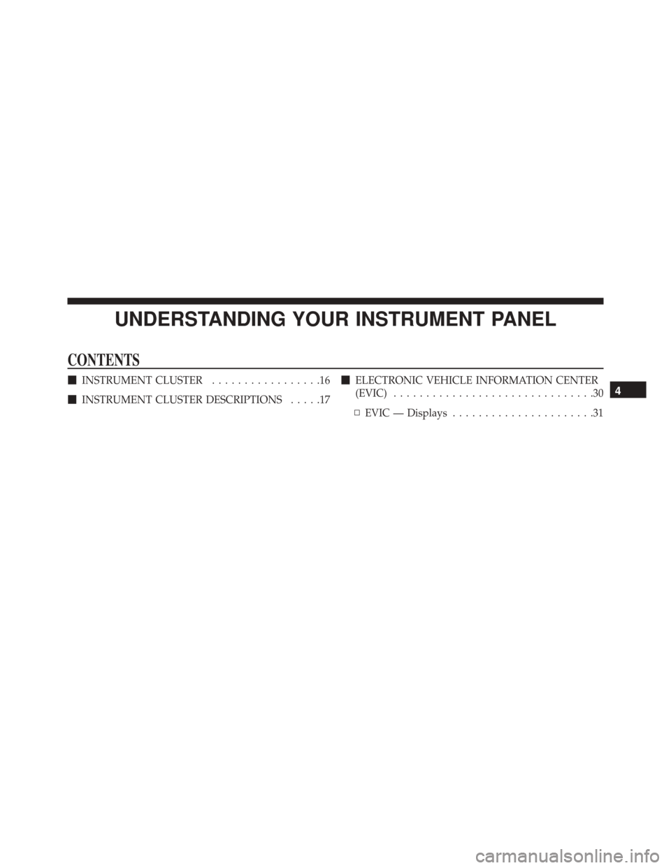 Ram ProMaster 2015  Diesel Supplement UNDERSTANDING YOUR INSTRUMENT PANEL
CONTENTS
INSTRUMENT CLUSTER .................16
 INSTRUMENT CLUSTER DESCRIPTIONS .....17
ELECTRONIC VEHICLE INFORMATION CENTER
(EVIC) ...........................