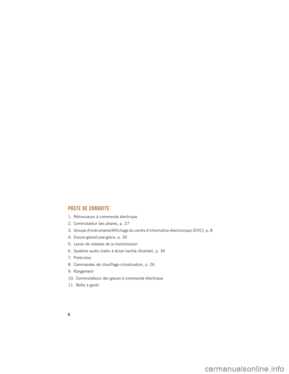 Ram ProMaster 2015  Guide dutilisateur (in French) POSTE DE CONDUITE
1. Rétroviseurs à commande électrique
2. Commutateur des phares, p. 27
3. Groupe dinstruments/Affichage du centre dinformation électronique (EVIC), p. 8
4. Essuie-glace/Lave-gl