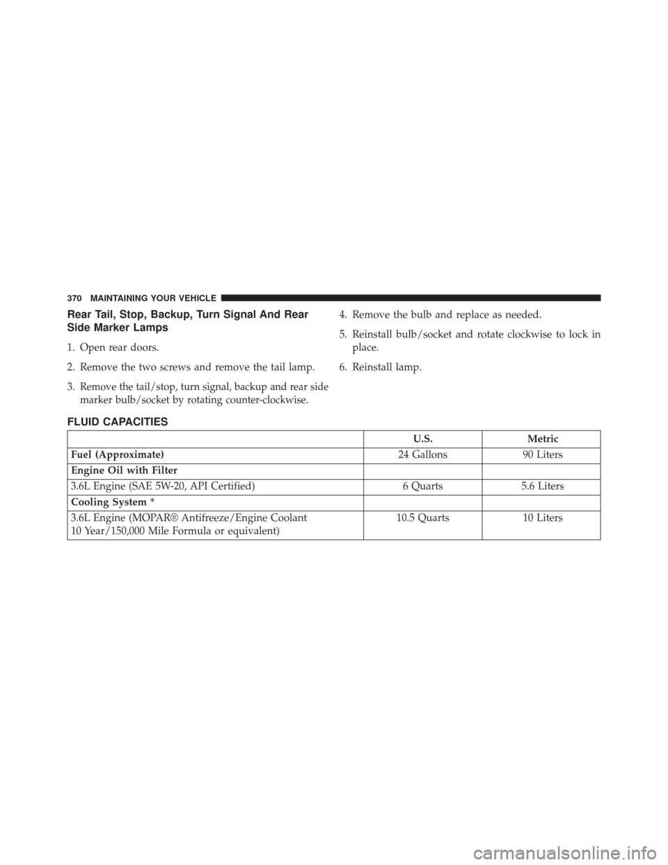 Ram ProMaster 2014  Owners Manual Rear Tail, Stop, Backup, Turn Signal And Rear
Side Marker Lamps
1. Open rear doors.
2. Remove the two screws and remove the tail lamp.
3.
Remove the tail/stop, turn signal, backup and rear side
marker