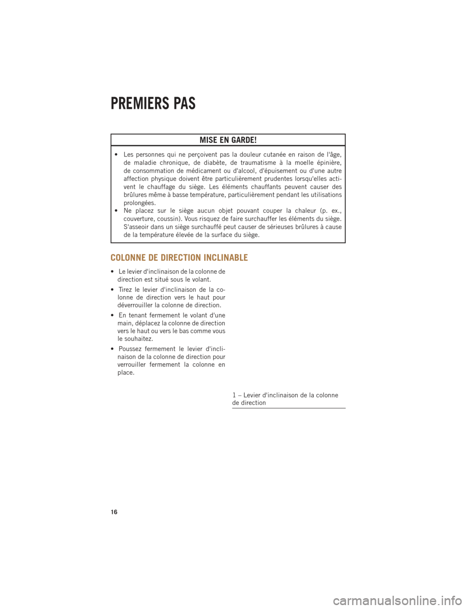 Ram ProMaster 2014  Guide dutilisateur (in French) MISE EN GARDE!
• Les personnes qui ne perçoivent pas la douleur cutanée en raison de lâge,de maladie chronique, de diabète, de traumatisme à la moelle épinière,
de consommation de médicamen
