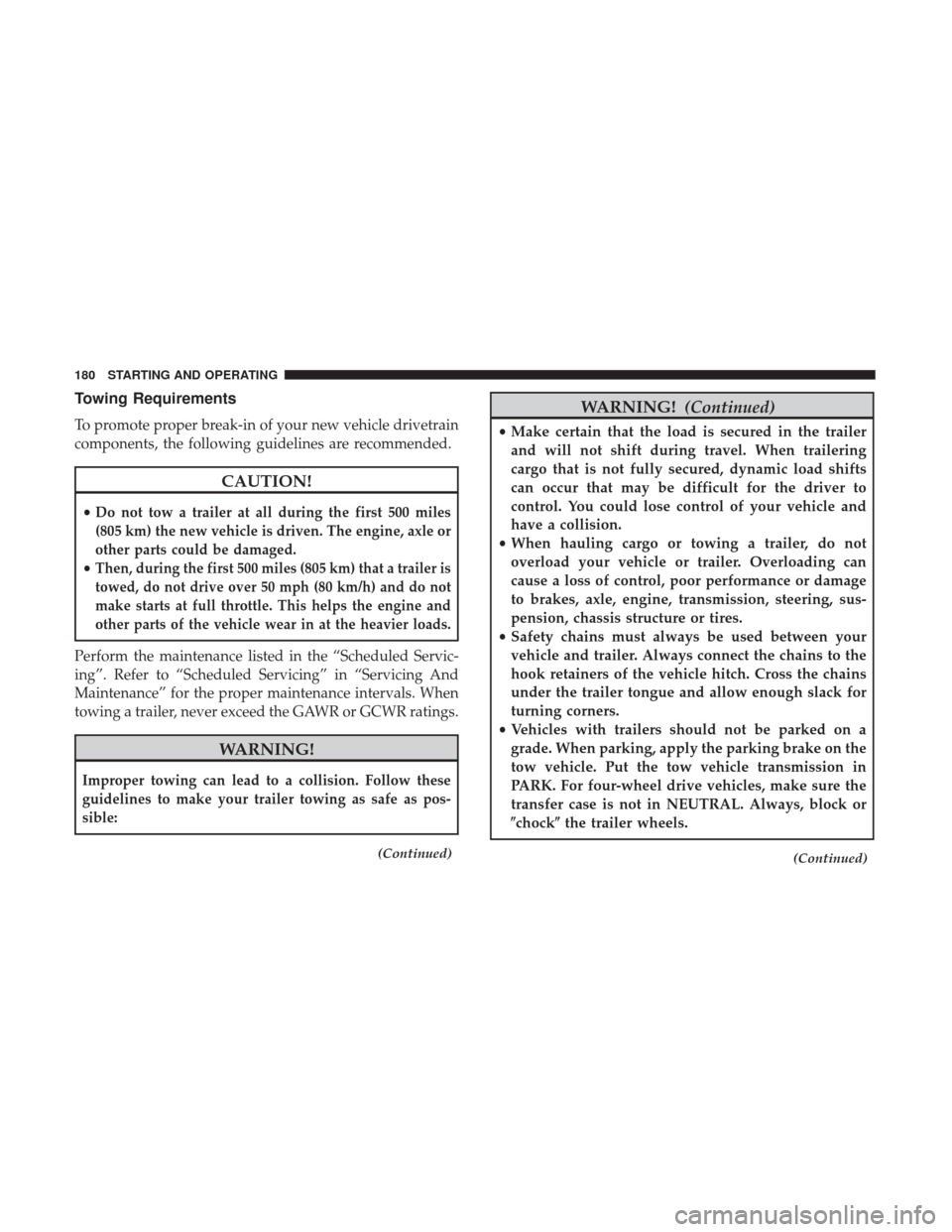 Ram ProMaster City 2019 Owners Manual Towing Requirements
To promote proper break-in of your new vehicle drivetrain
components, the following guidelines are recommended.
CAUTION!
•Do not tow a trailer at all during the first 500 miles
( Ram ProMaster City 2019 Owners Manual Towing Requirements
To promote proper break-in of your new vehicle drivetrain
components, the following guidelines are recommended.
CAUTION!
•Do not tow a trailer at all during the first 500 miles
(