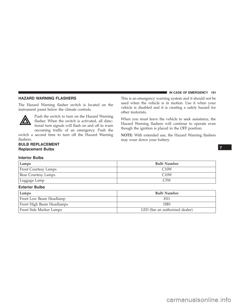 Ram ProMaster City 2019  Owners Manual HAZARD WARNING FLASHERS
The Hazard Warning flasher switch is located on the
instrument panel below the climate controls.Push the switch to turn on the Hazard Warning
flasher. When the switch is activa