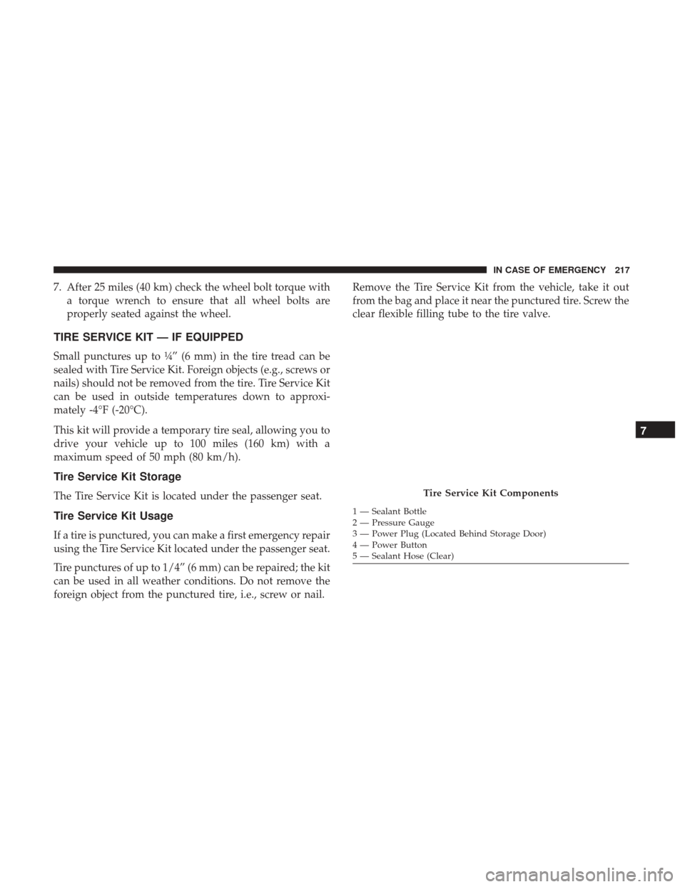 Ram ProMaster City 2019  Owners Manual 7. After 25 miles (40 km) check the wheel bolt torque witha torque wrench to ensure that all wheel bolts are
properly seated against the wheel.
TIRE SERVICE KIT — IF EQUIPPED
Small punctures up to 