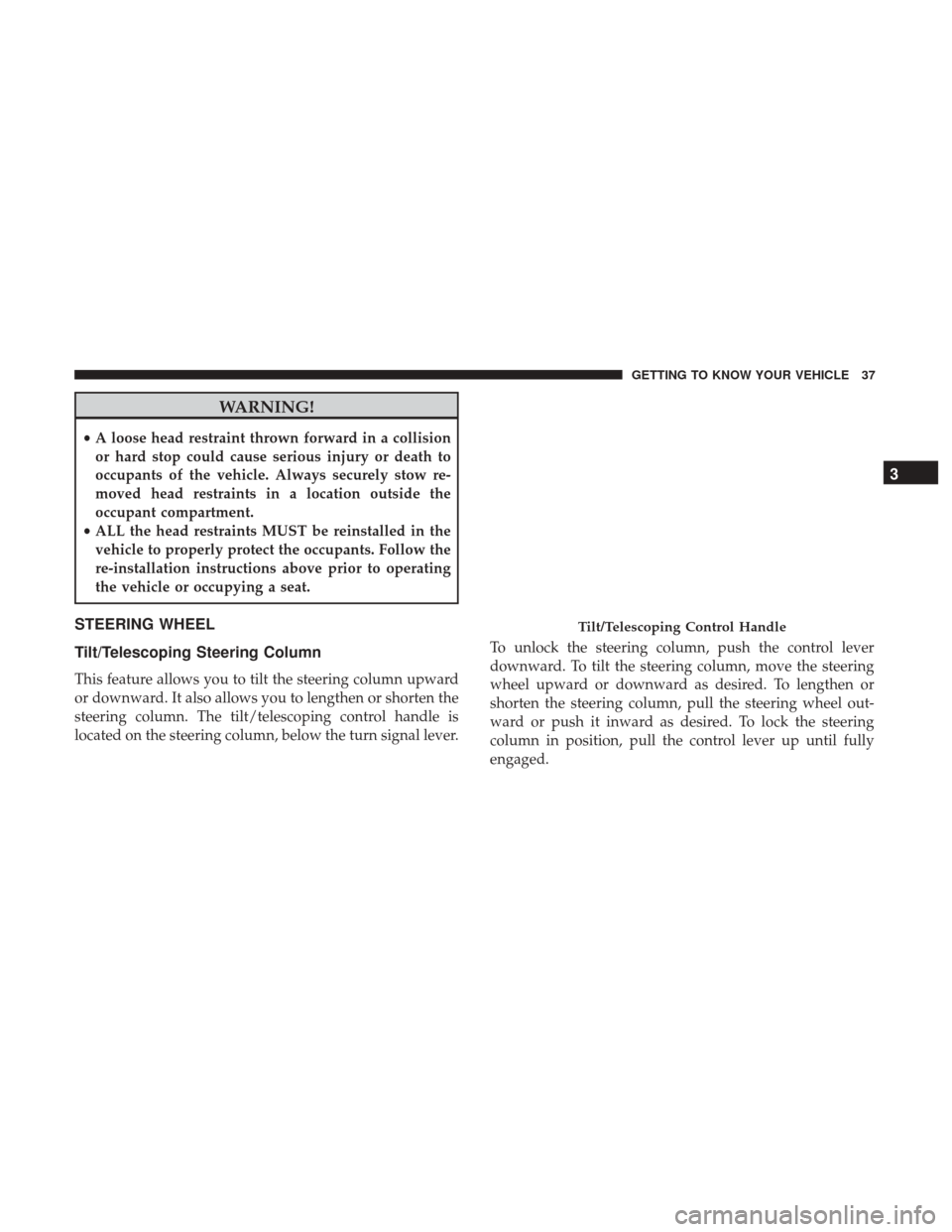 Ram ProMaster City 2019 Owners Guide WARNING!
•A loose head restraint thrown forward in a collision
or hard stop could cause serious injury or death to
occupants of the vehicle. Always securely stow re-
moved head restraints in a locat
