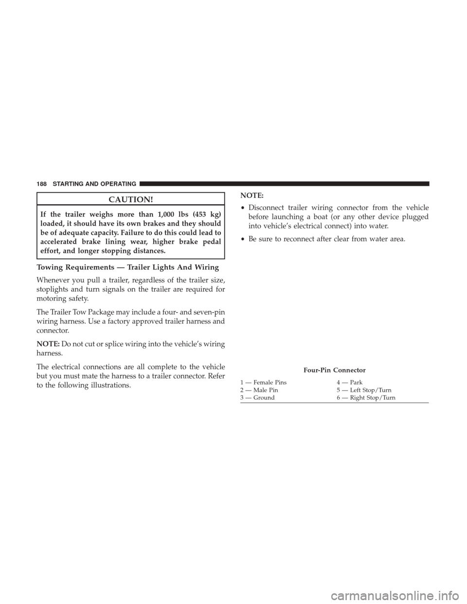 Ram ProMaster City 2018 Owners Manual CAUTION!
If the trailer weighs more than 1,000 lbs (453 kg)
loaded, it should have its own brakes and they should
be of adequate capacity. Failure to do this could lead to
accelerated brake lining wea Ram ProMaster City 2018 Owners Manual CAUTION!
If the trailer weighs more than 1,000 lbs (453 kg)
loaded, it should have its own brakes and they should
be of adequate capacity. Failure to do this could lead to
accelerated brake lining wea