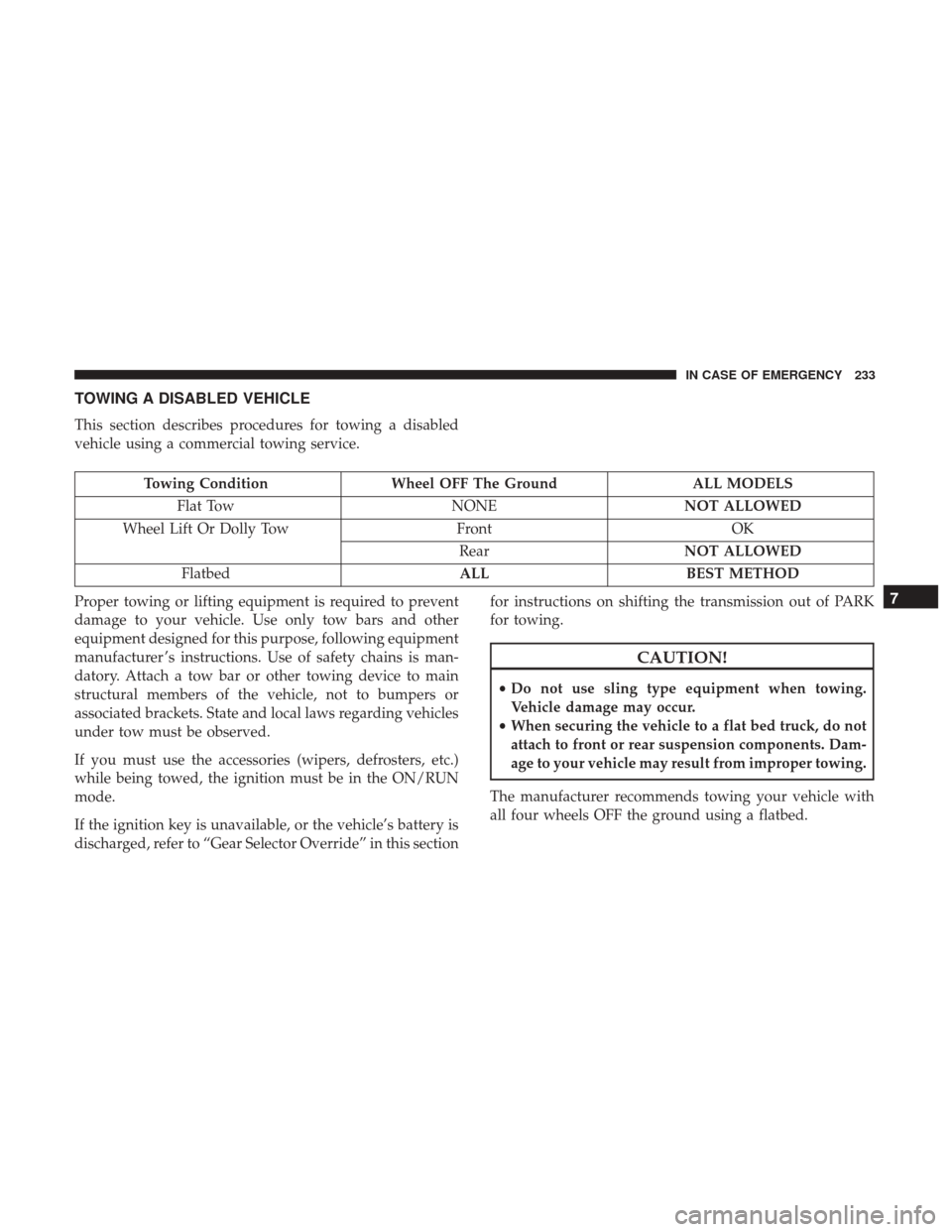 Ram ProMaster City 2018  Owners Manual TOWING A DISABLED VEHICLE
This section describes procedures for towing a disabled
vehicle using a commercial towing service.
Towing ConditionWheel OFF The Ground ALL MODELS
Flat Tow NONENOT ALLOWED
Wh