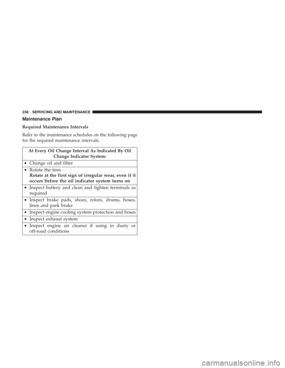 Ram ProMaster City 2018 User Guide Maintenance Plan
Required Maintenance Intervals
Refer to the maintenance schedules on the following page
for the required maintenance intervals.
At Every Oil Change Interval As Indicated By OilChange 