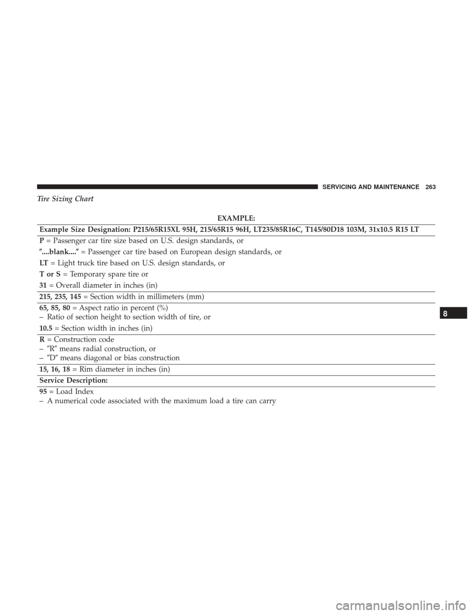 Ram ProMaster City 2018  Owners Manual Tire Sizing Chart
EXAMPLE:
Example Size Designation: P215/65R15XL 95H, 215/65R15 96H, LT235/85R16C, T145/80D18 103M, 31x10.5 R15 LT
P = Passenger car tire size based on U.S. design standards, or
....