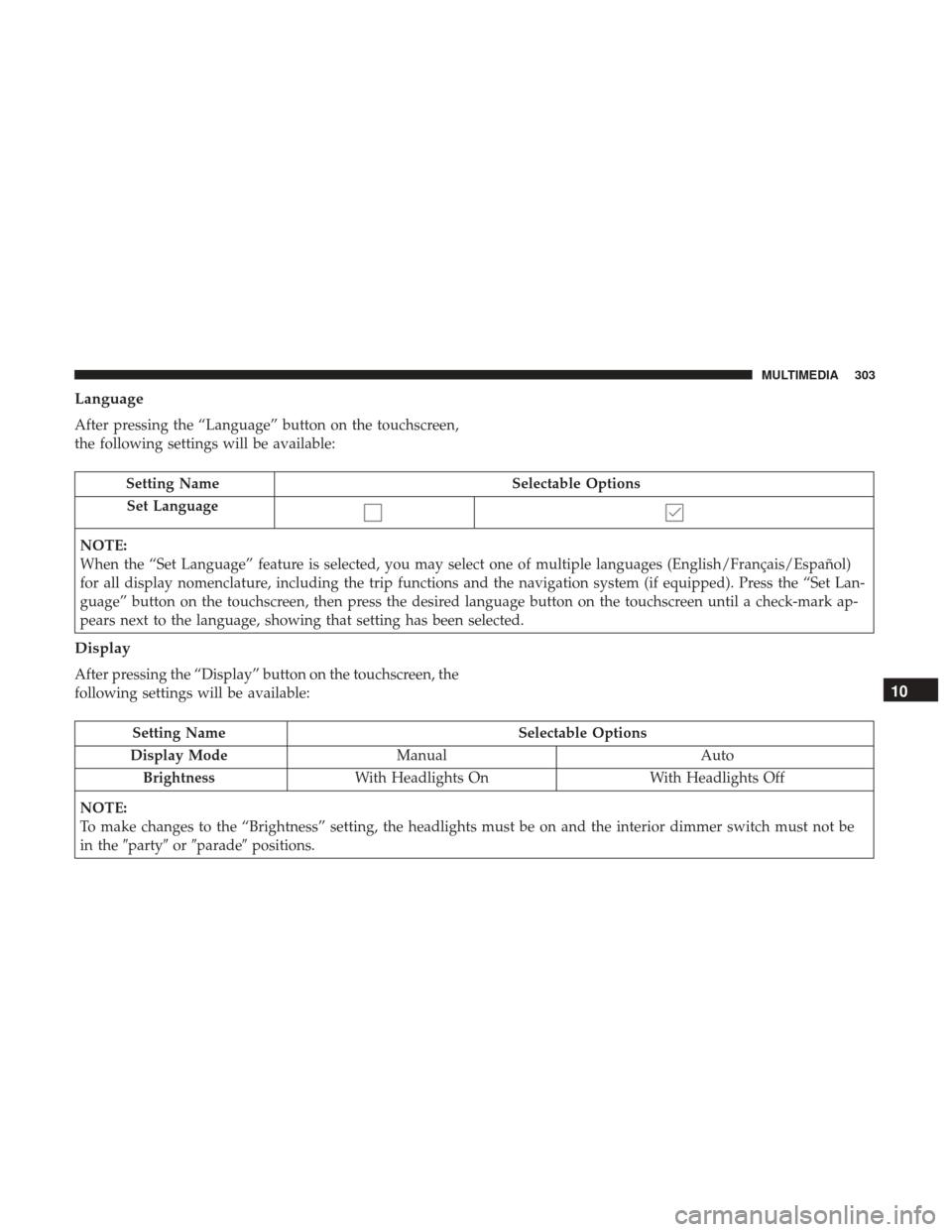 Ram ProMaster City 2018  Owners Manual Language
After pressing the “Language” button on the touchscreen,
the following settings will be available:
Setting NameSelectable Options
Set Language
NOTE:
When the “Set Language” feature is