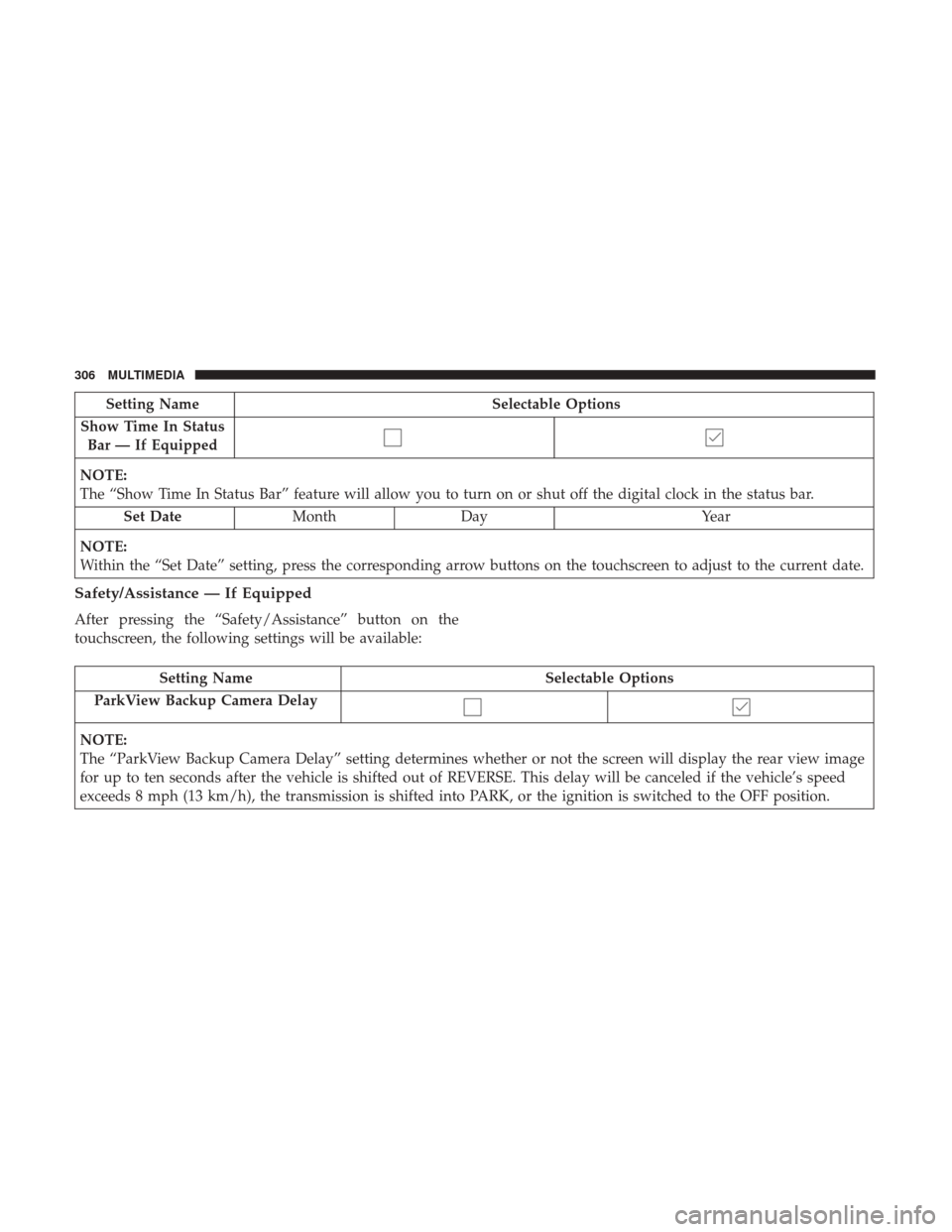 Ram ProMaster City 2018 Owners Manual Setting NameSelectable Options
Show Time In Status Bar — If Equipped
NOTE:
The “Show Time In Status Bar” feature will allow you to turn on or shut off the digital clock in the status bar.
Set Da Ram ProMaster City 2018 Owners Manual Setting NameSelectable Options
Show Time In Status Bar — If Equipped
NOTE:
The “Show Time In Status Bar” feature will allow you to turn on or shut off the digital clock in the status bar.
Set Da