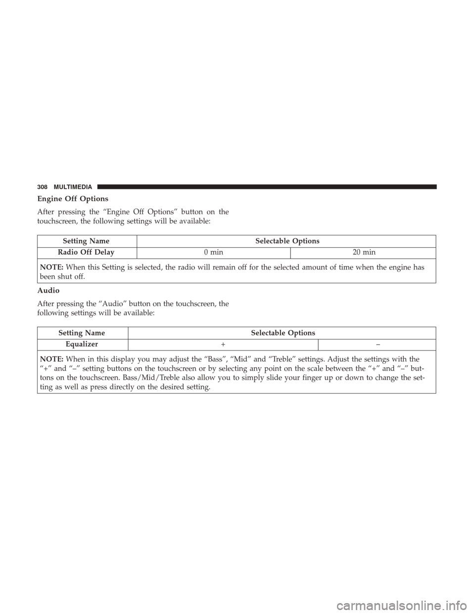 Ram ProMaster City 2018 Owners Manual Engine Off Options
After pressing the “Engine Off Options” button on the
touchscreen, the following settings will be available:
Setting NameSelectable Options
Radio Off Delay 0 min 20 min
NOTE: Wh Ram ProMaster City 2018 Owners Manual Engine Off Options
After pressing the “Engine Off Options” button on the
touchscreen, the following settings will be available:
Setting NameSelectable Options
Radio Off Delay 0 min 20 min
NOTE: Wh