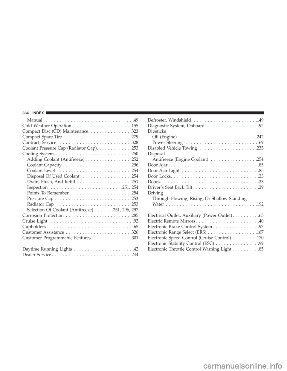 Ram ProMaster City 2018  Owners Manual Manual................................49
Cold Weather Operation ..................... .155
Compact Disc (CD) Maintenance ................323
Compact Spare Tire ........................ .279
Contract, 