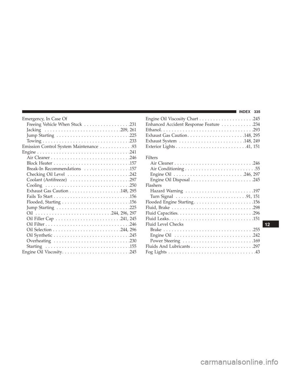 Ram ProMaster City 2018 User Guide Emergency, In Case OfFreeing Vehicle When Stuck .................231
Jacking ........................... .209, 261
Jump Starting .......................... .225
Towing ............................... 