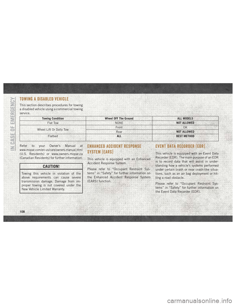 Ram ProMaster City 2018  User Guide TOWING A DISABLED VEHICLE
This section describes procedures for towing
a disabled vehicle using a commercial towing
service.
Towing ConditionWheel OFF The Ground ALL MODELS
Flat Tow NONENOT ALLOWED
Wh