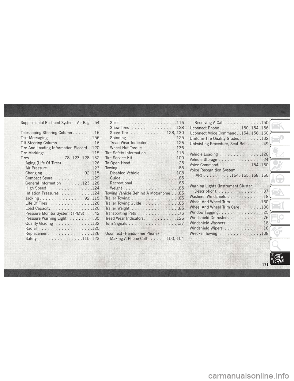 Ram ProMaster City 2018 Owners Manual Supplemental Restraint System - Air Bag. .54
Telescoping Steering Column ........16
Text Messaging ................156
Tilt Steering Column .............16
Tire And Loading Information Placard . .120
