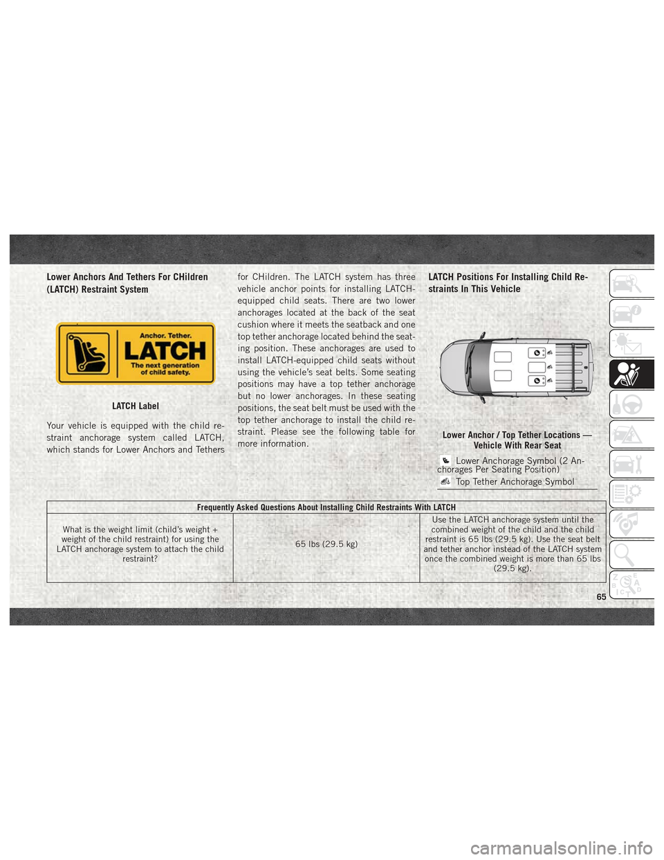 Ram ProMaster City 2018  User Guide Lower Anchors And Tethers For CHildren
(LATCH) Restraint System
Your vehicle is equipped with the child re-
straint anchorage system called LATCH,
which stands for Lower Anchors and Tethersfor CHildre
