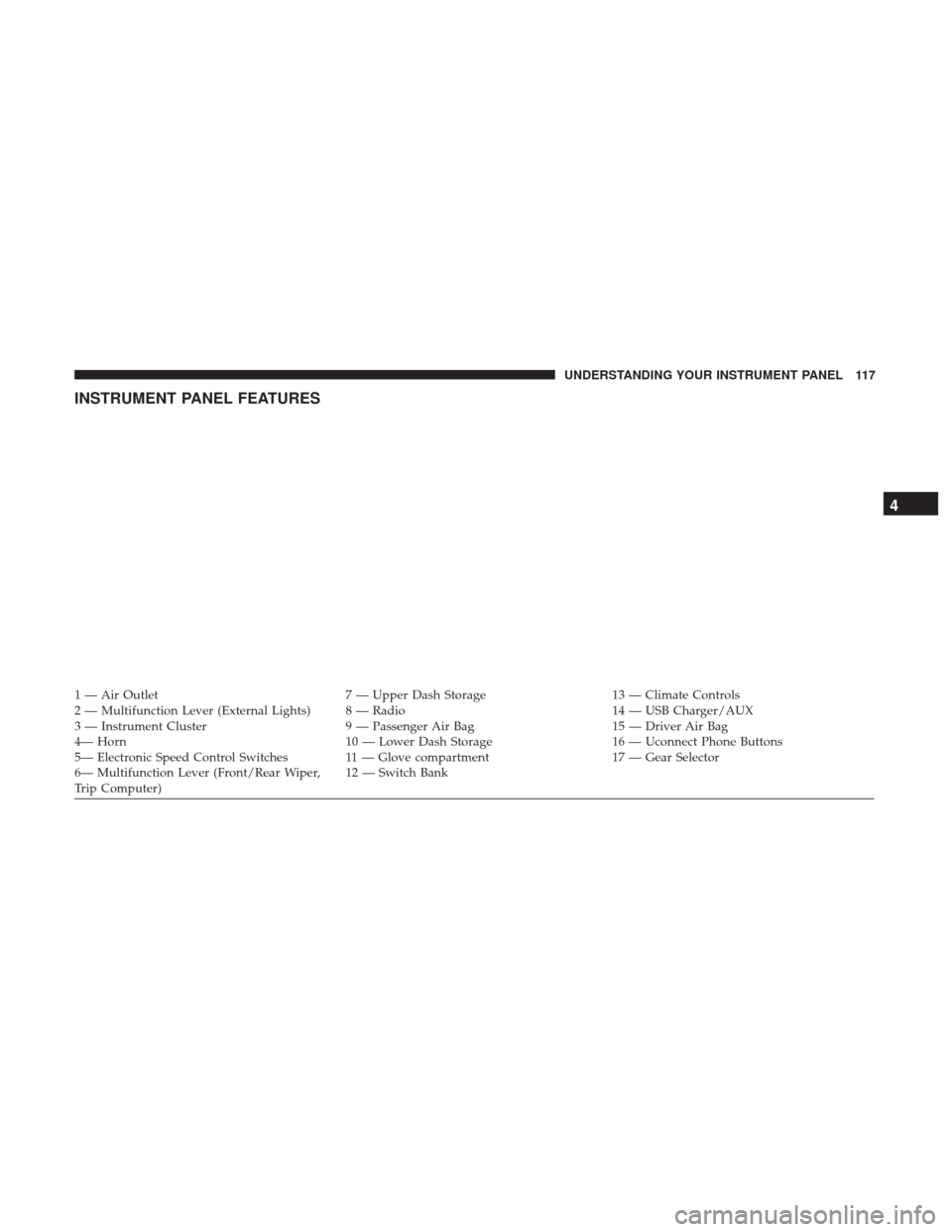 Ram ProMaster City 2017  Owners Manual INSTRUMENT PANEL FEATURES
1 — Air Outlet7 — Upper Dash Storage13 — Climate Controls
2 — Multifunction Lever (External Lights) 8 — Radio 14 — USB Charger/AUX
3 — Instrument Cluster 9 — 