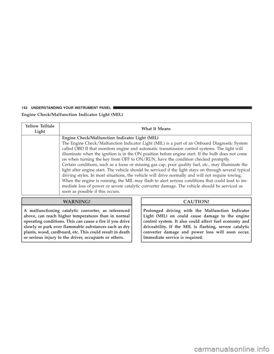 Ram ProMaster City 2017 Owners Manual Engine Check/Malfunction Indicator Light (MIL)
Yellow TelltaleLight What It Means
Engine Check/Malfunction Indicator Light (MIL)
The Engine Check/Malfunction Indicator Light (MIL) is a part of an Onbo Ram ProMaster City 2017 Owners Manual Engine Check/Malfunction Indicator Light (MIL)
Yellow TelltaleLight What It Means
Engine Check/Malfunction Indicator Light (MIL)
The Engine Check/Malfunction Indicator Light (MIL) is a part of an Onbo