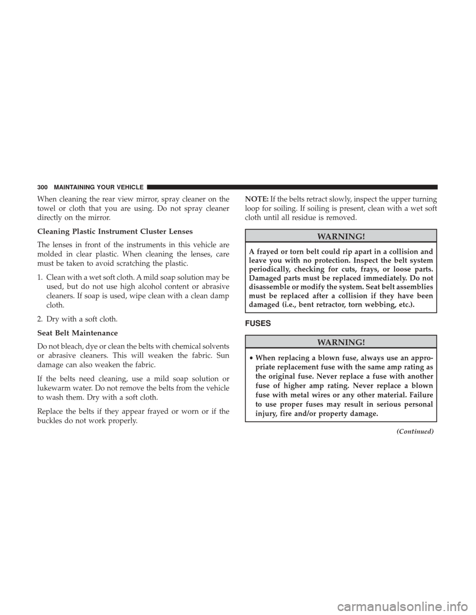Ram ProMaster City 2017  Owners Manual When cleaning the rear view mirror, spray cleaner on the
towel or cloth that you are using. Do not spray cleaner
directly on the mirror.
Cleaning Plastic Instrument Cluster Lenses
The lenses in front 