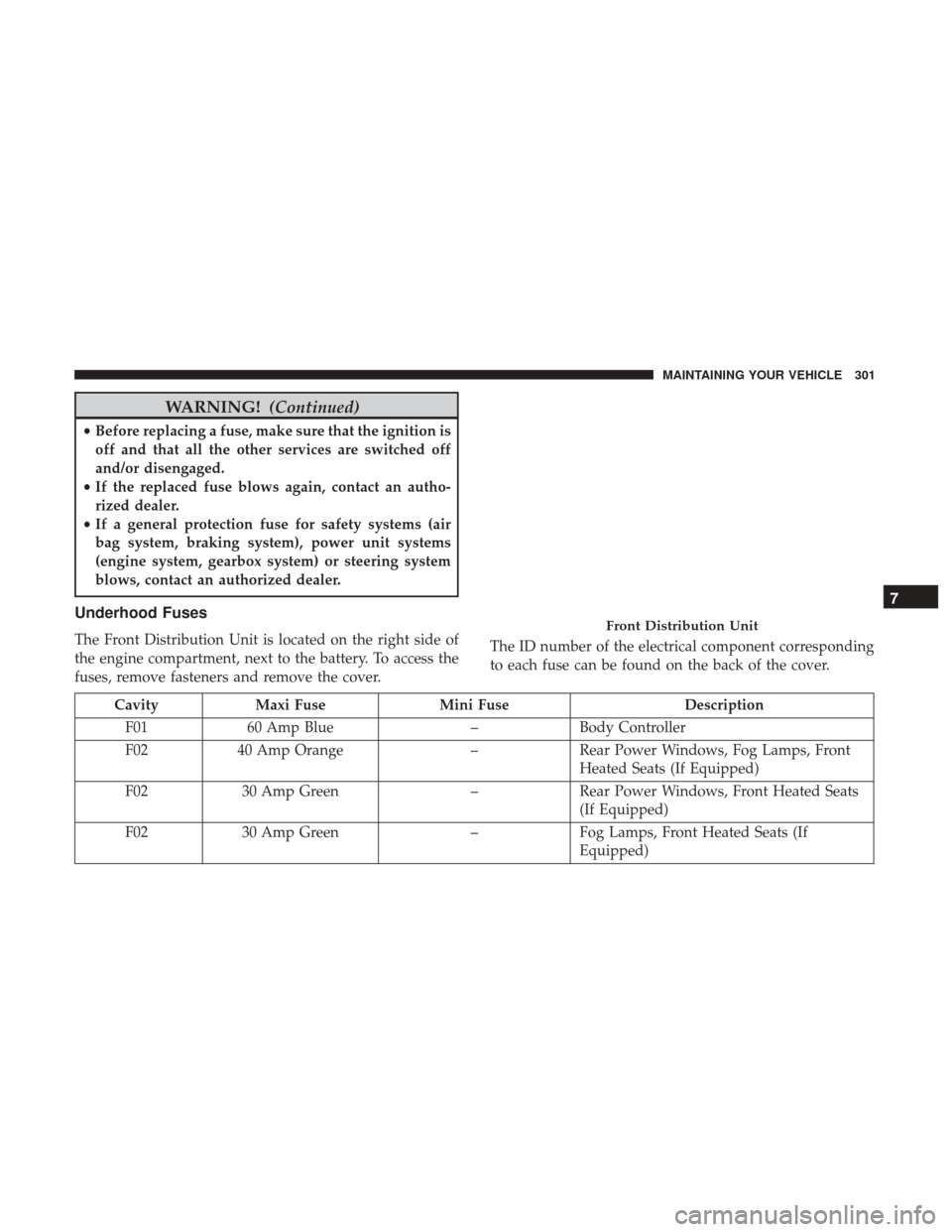 Ram ProMaster City 2017  Owners Manual WARNING!(Continued)
•Before replacing a fuse, make sure that the ignition is
off and that all the other services are switched off
and/or disengaged.
• If the replaced fuse blows again, contact an 