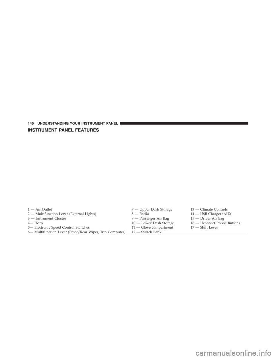 Ram ProMaster City 2016  Owners Manual INSTRUMENT PANEL FEATURES
1 — Air Outlet7 — Upper Dash Storage13 — Climate Controls
2 — Multifunction Lever (External Lights) 8 — Radio14 — USB Charger/AUX
3 — Instrument Cluster 9 — P