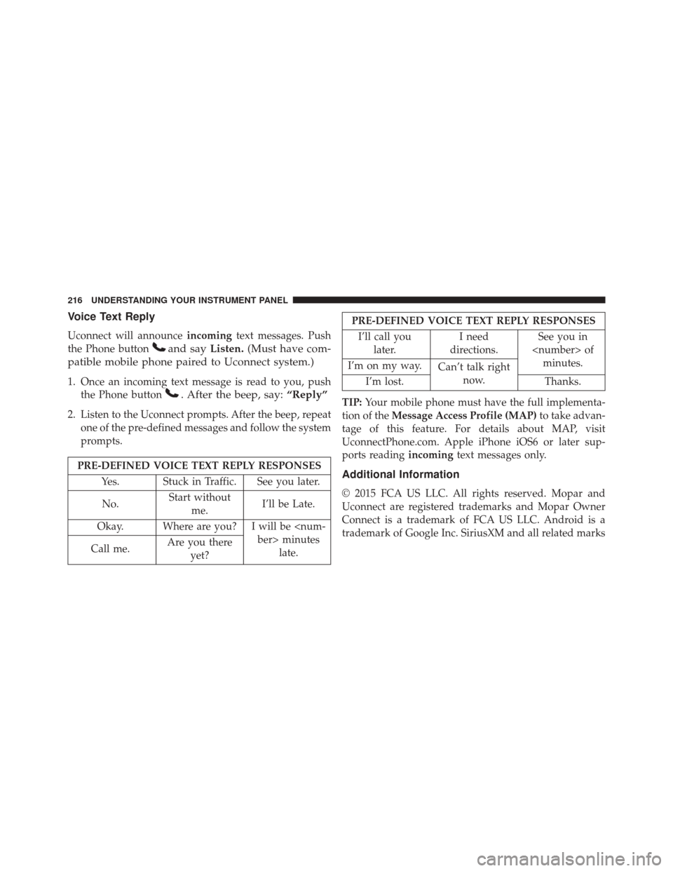 Ram ProMaster City 2016  Owners Manual Voice Text Reply
Uconnect will announceincomingtext messages. Push
the Phone button
and say Listen.(Must have com-
patible mobile phone paired to Uconnect system.)
1. Once an incoming text message is 
