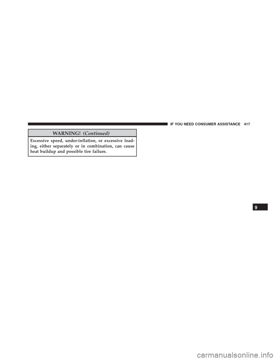 Ram ProMaster City 2016  Owners Manual WARNING!(Continued)
Excessive speed, under-inflation, or excessive load-
ing, either separately or in combination, can cause
heat buildup and possible tire failure.
9
IF YOU NEED CONSUMER ASSISTANCE 4