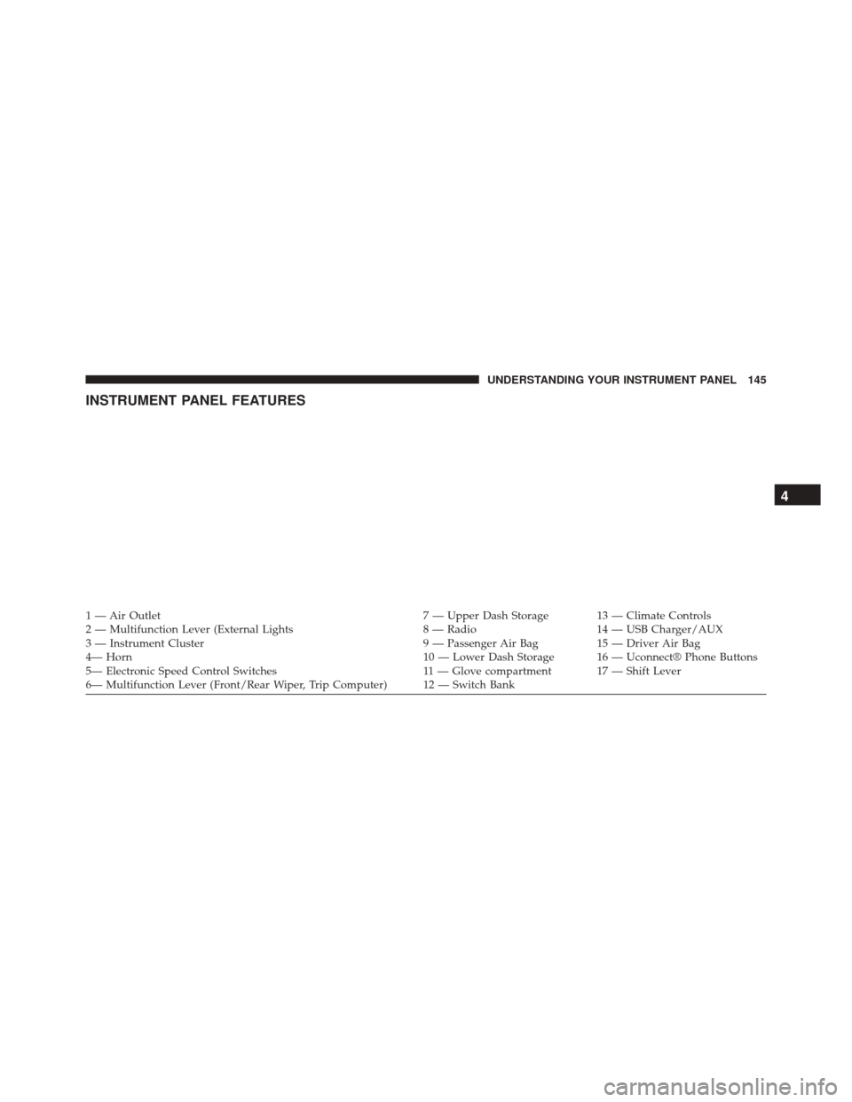 Ram ProMaster City 2015  Owners Manual INSTRUMENT PANEL FEATURES
1 — Air Outlet7 — Upper Dash Storage 13 — Climate Controls
2 — Multifunction Lever (External Lights 8 — Radio14 — USB Charger/AUX
3 — Instrument Cluster 9 — P