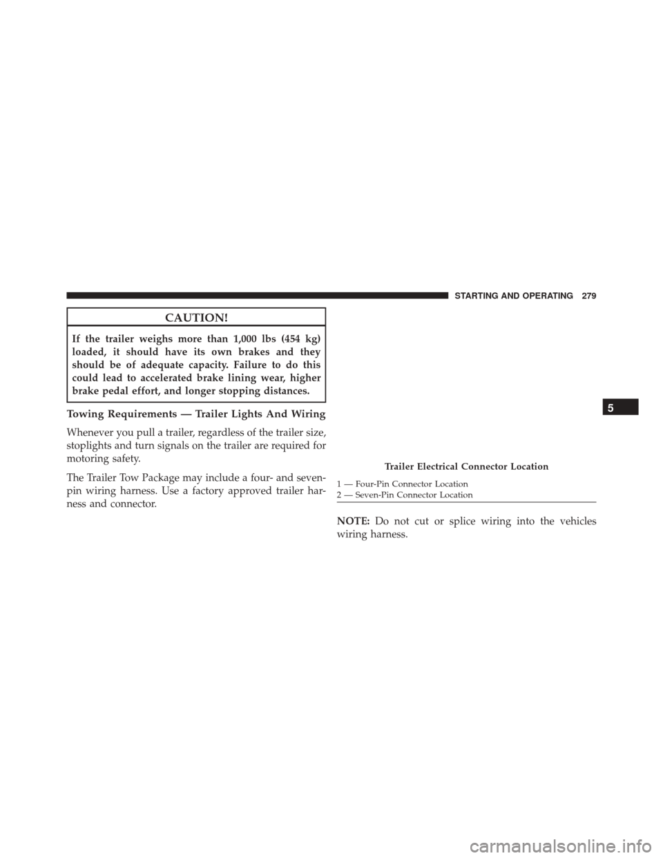 Ram ProMaster City 2015  Owners Manual CAUTION!
If the trailer weighs more than 1,000 lbs (454 kg)
loaded, it should have its own brakes and they
should be of adequate capacity. Failure to do this
could lead to accelerated brake lining wea