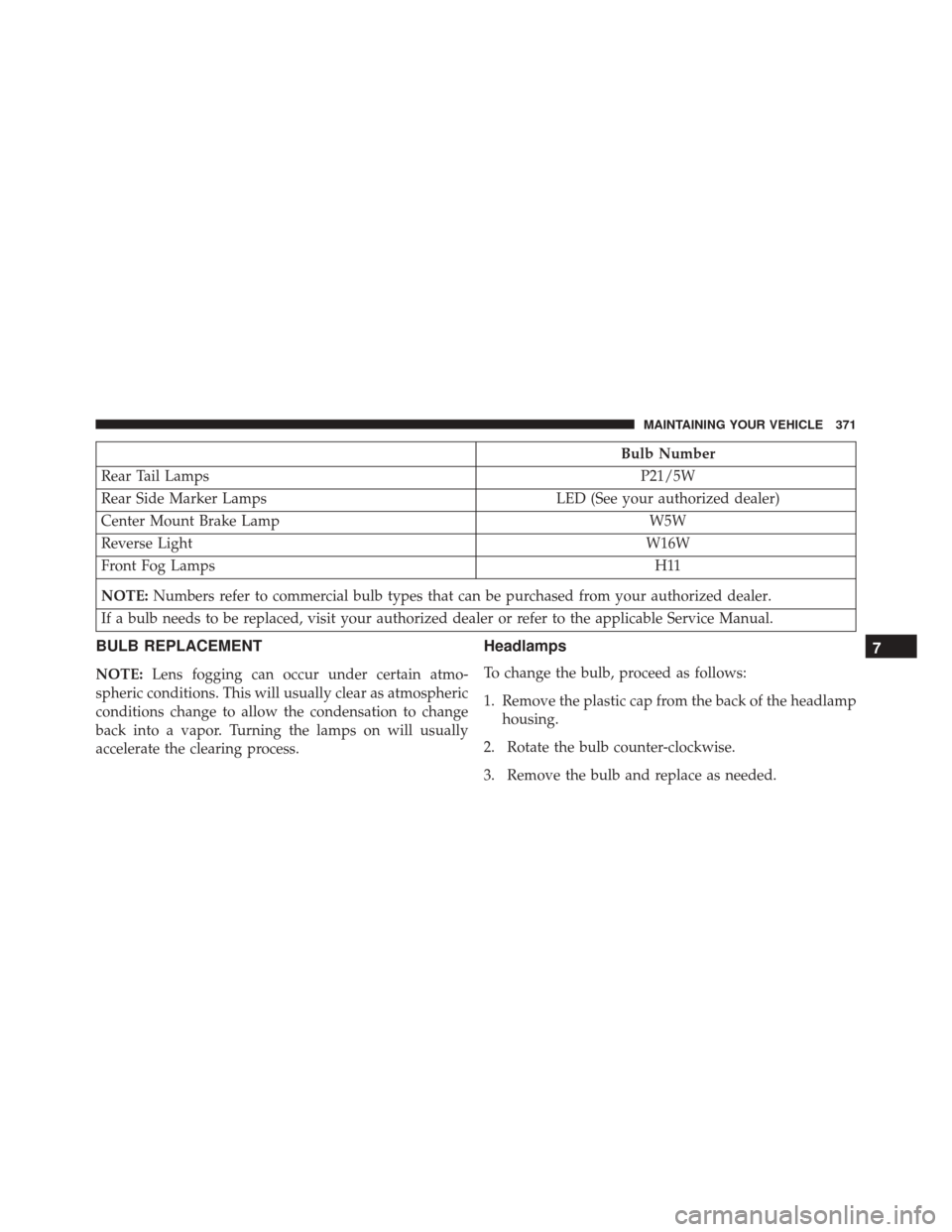 Ram ProMaster City 2015  Owners Manual Bulb Number
Rear Tail Lamps P21/5W
Rear Side Marker Lamps LED (See your authorized dealer)
Center Mount Brake Lamp W5W
Reverse Light W16W
Front Fog Lamps H11
NOTE: Numbers refer to commercial bulb typ