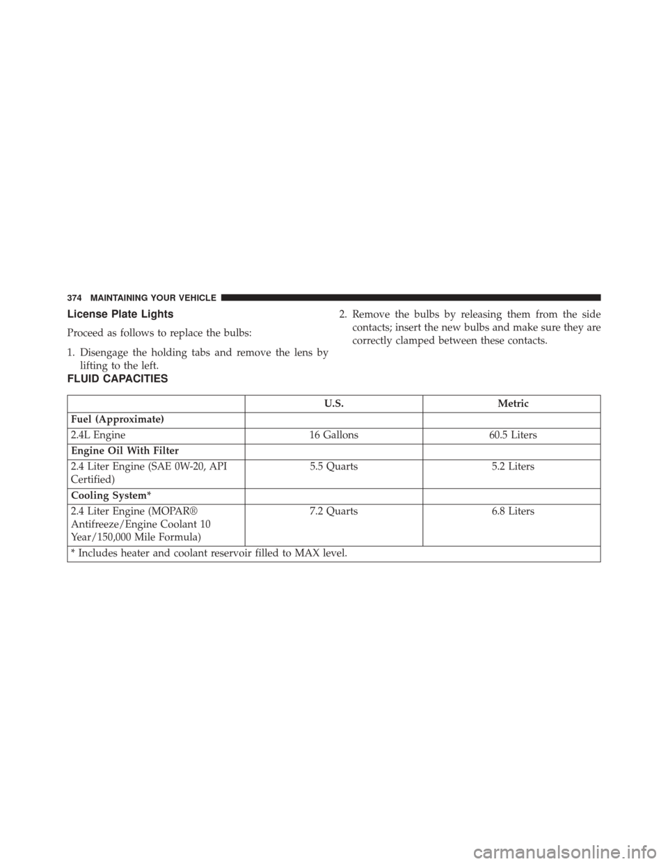 Ram ProMaster City 2015  Owners Manual License Plate Lights
Proceed as follows to replace the bulbs:
1. Disengage the holding tabs and remove the lens bylifting to the left. 2. Remove the bulbs by releasing them from the side
contacts; ins