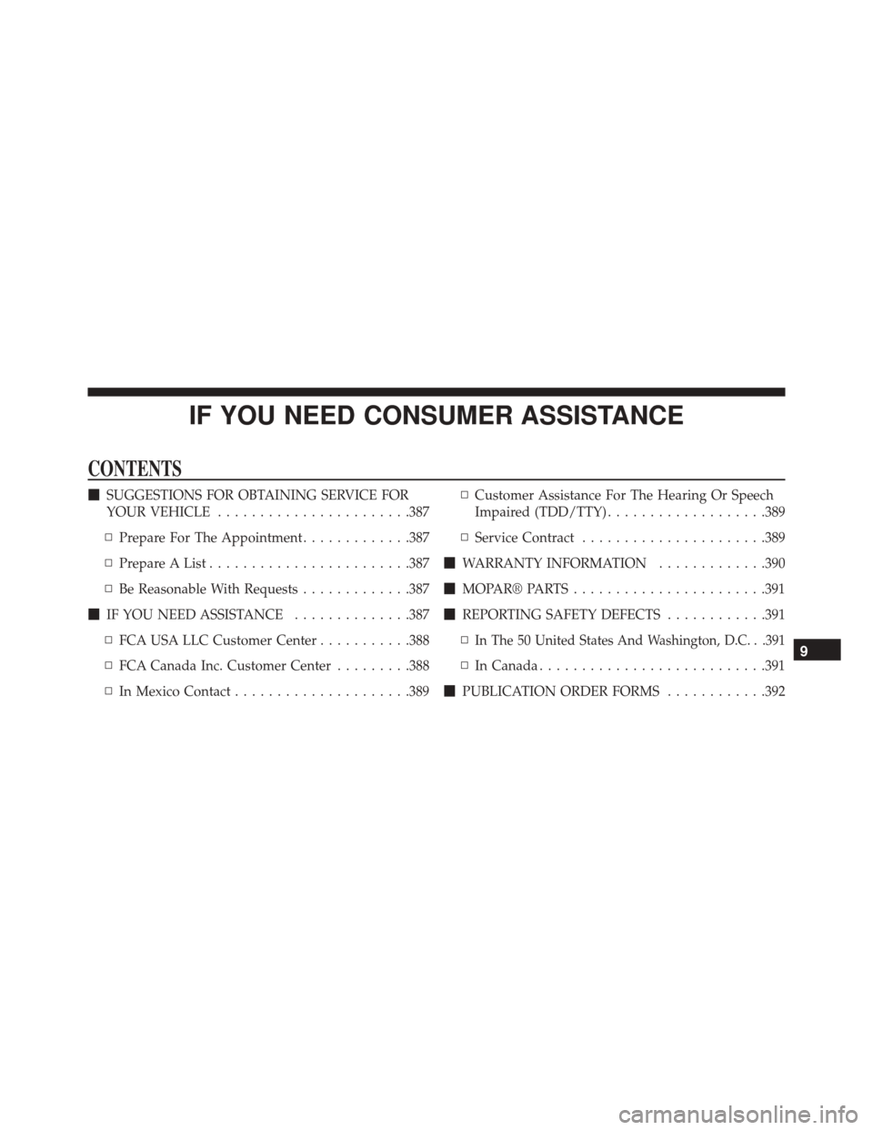 Ram ProMaster City 2015  Owners Manual IF YOU NEED CONSUMER ASSISTANCE
CONTENTS
SUGGESTIONS FOR OBTAINING SERVICE FOR
YOUR VEHICLE ...................... .387
▫ Prepare For The Appointment .............387
▫ Prepare A List ...........