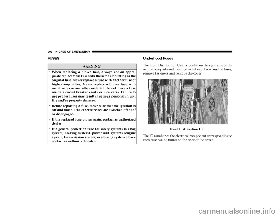 Ram ProMaster City 2020  Owners Manual 206 IN CASE OF EMERGENCY
FUSESUnderhood Fuses
The Front Distribution Unit is located on the right side of the
engine compartment, next to the battery. To access the fuses,
remove fasteners and remove 