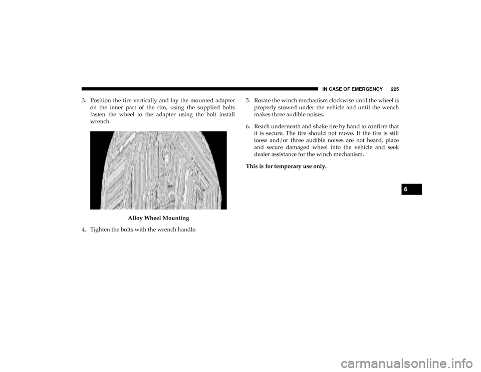 Ram ProMaster City 2020  Owners Manual IN CASE OF EMERGENCY 225
3. Position  the  tire  vertically  and  lay  the  mounted  adapteron  the  inner  part  of  the  rim,  using  the  supplied  bolts
fasten  the  wheel  to  the  adapter  using