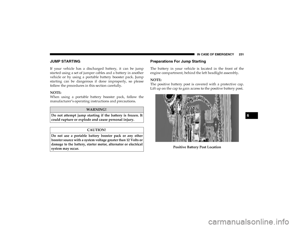 Ram ProMaster City 2020 Owners Manual IN CASE OF EMERGENCY 231
JUMP STARTING
If your vehicle has a discharged battery, it can be jump
started using a set of jumper cables and a battery in another
vehicle or by using a porta Ram ProMaster City 2020 Owners Manual IN CASE OF EMERGENCY 231
JUMP STARTING
If your vehicle has a discharged battery, it can be jump
started using a set of jumper cables and a battery in another
vehicle or by using a porta