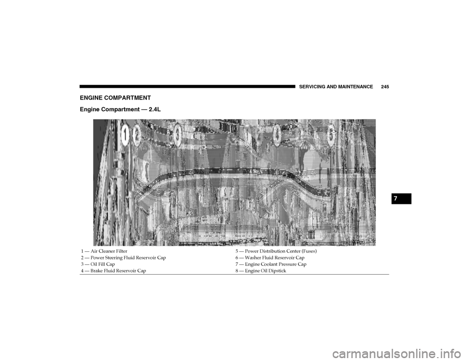 Ram ProMaster City 2020  Owners Manual SERVICING AND MAINTENANCE 245
ENGINE COMPARTMENT  
Engine Compartment — 2.4L
1 — Air Cleaner Filter5 — Power Distribution Center (Fuses)
2 — Power Steering Fluid Reservoir Cap 6 — Washer Flu
