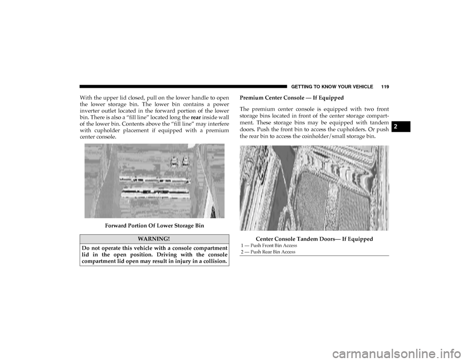 Ram 1500 2020  Owners Manual GETTING TO KNOW YOUR VEHICLE 119
With the upper lid closed,  pull on the lower  handle to  open
the  lower  storage  bin.  The  lower  bin  contains  a  power
inverter  outlet  located  in  the  forwa