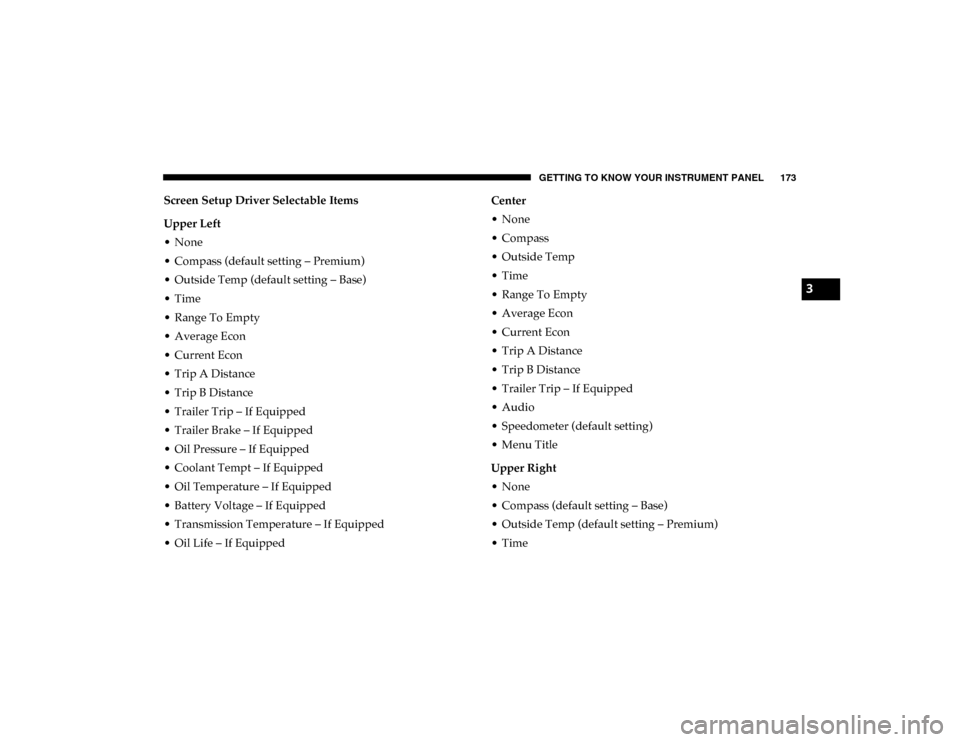 Ram 1500 2020 Owners Guide GETTING TO KNOW YOUR INSTRUMENT PANEL 173
Screen Setup Driver Selectable Items
Upper Left
• None
• Compass (default setting – Premium)
• Outside Temp (default setting – Base)
• Time
• Ra